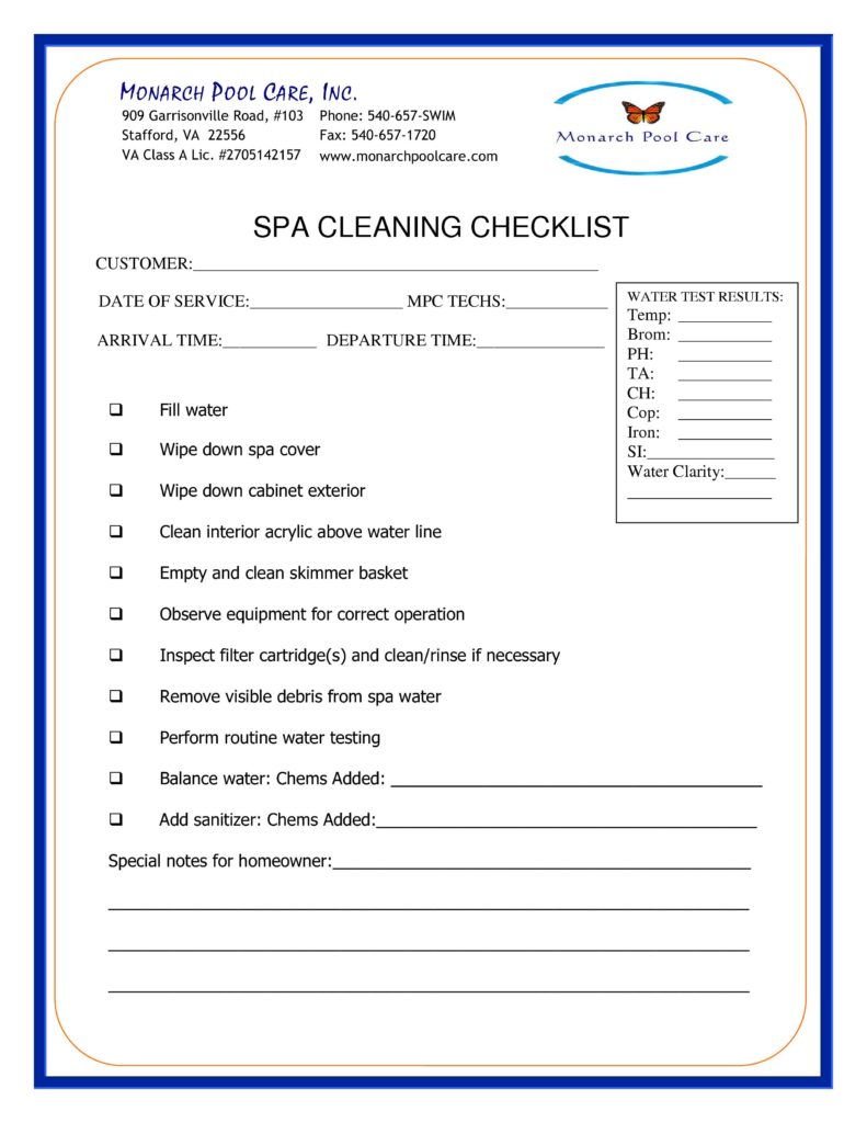 MPC Spa Cleaning Checklist 2018 - Monarch Pools