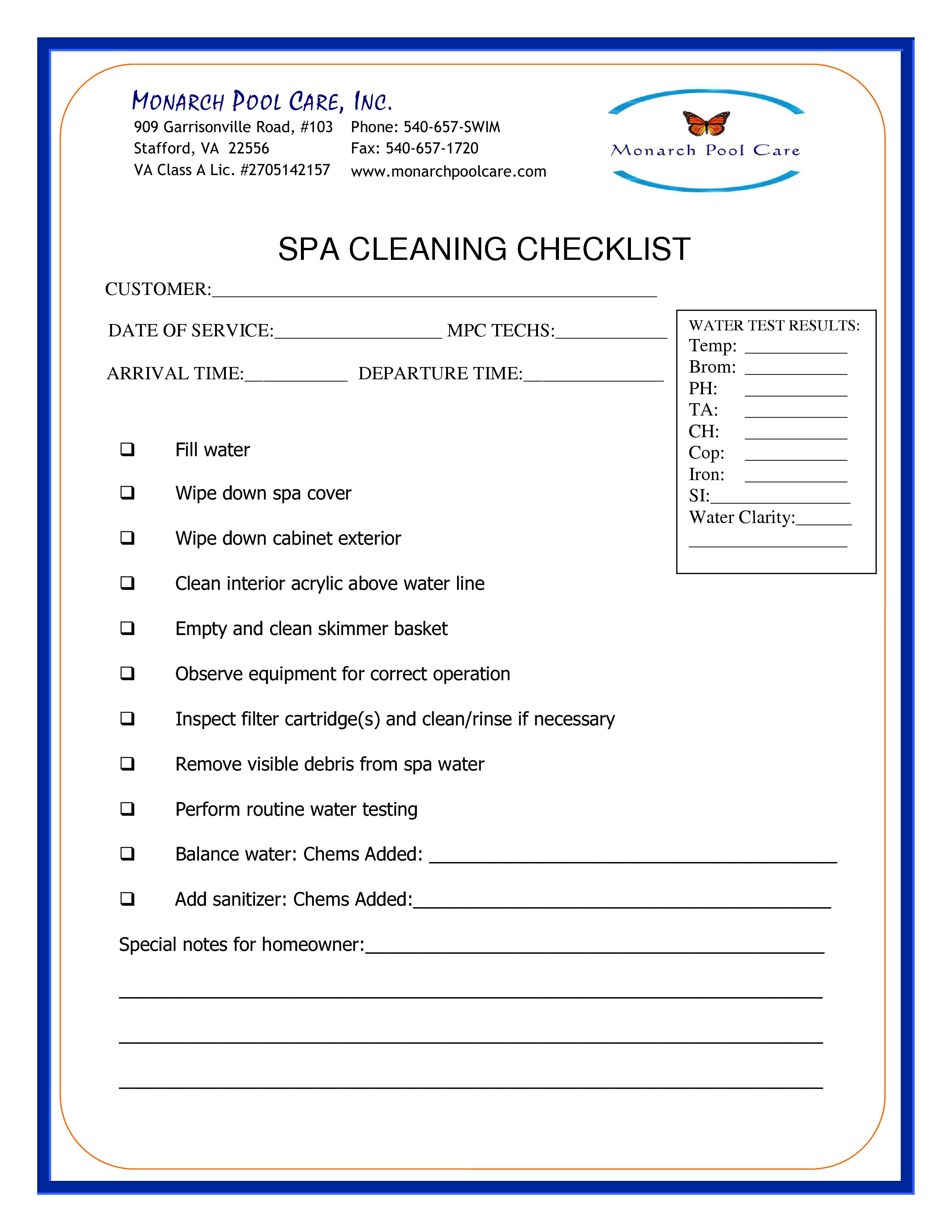 MPC Spa Cleaning Checklist 2018 Monarch Pools